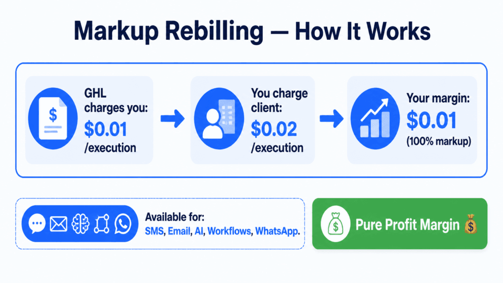 Gohighlevel rebilling and markup illustrated with the agency pro plan