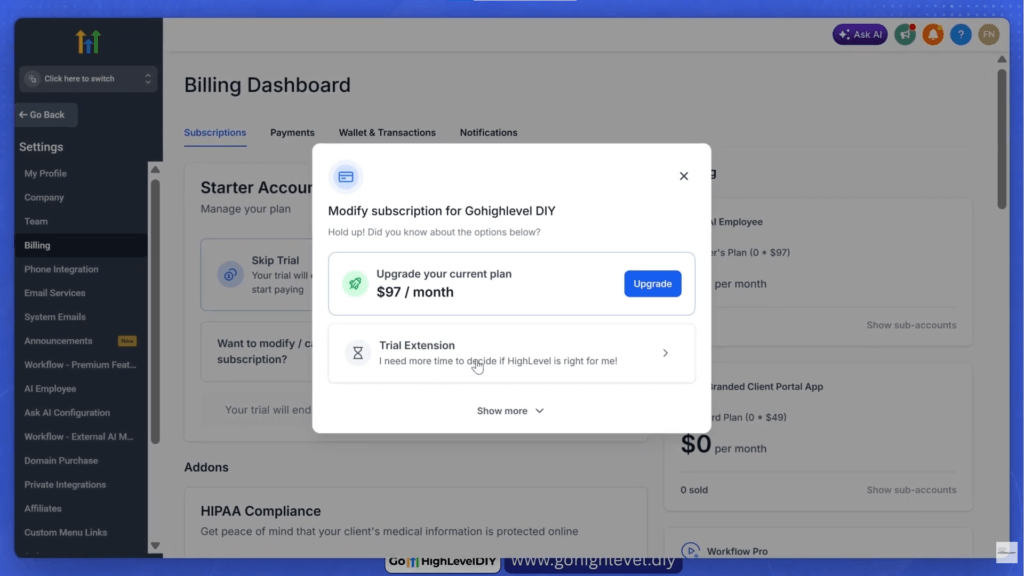 #2. Click trial extension option - Free trial extension strategy
