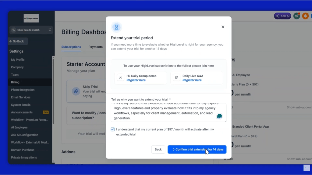 #3. Confirm trial extension for 14 days - Free trial extension strategy