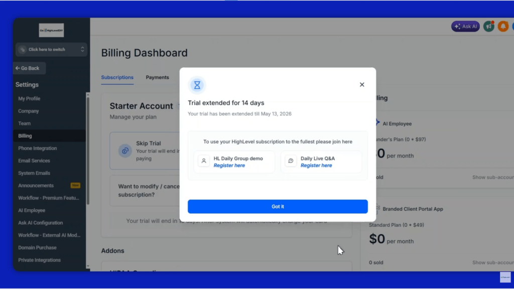 #4. GHL 14-Day Free Trial Extended Successfully- Free trial extension strategy