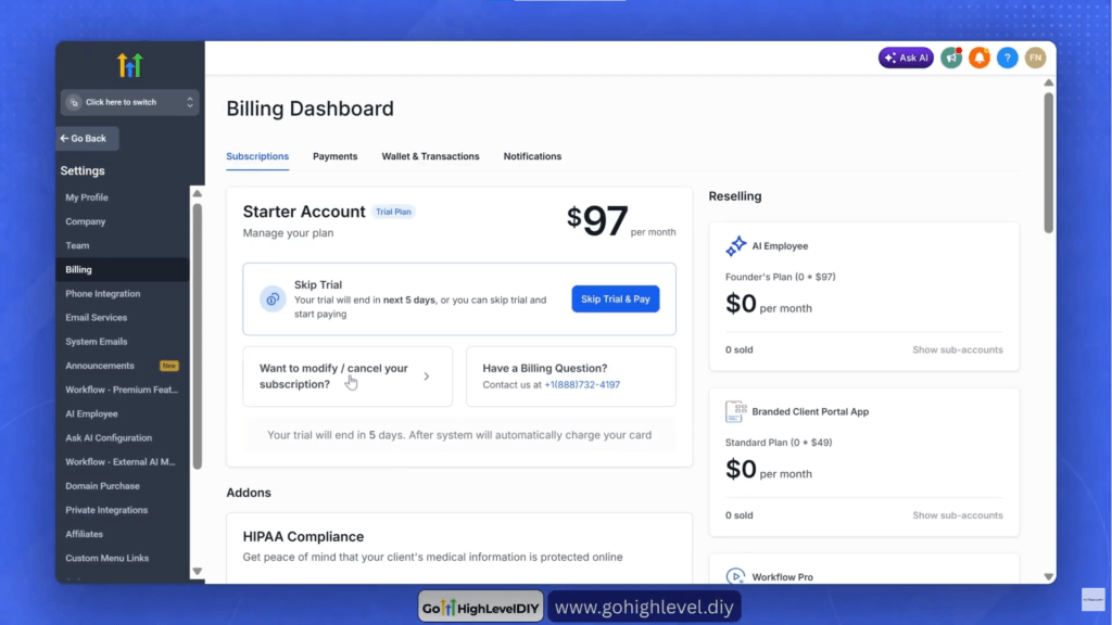 #1. GHL Billing Dashboard - Want to modify or cancel your subscription - Free trial extension strategy