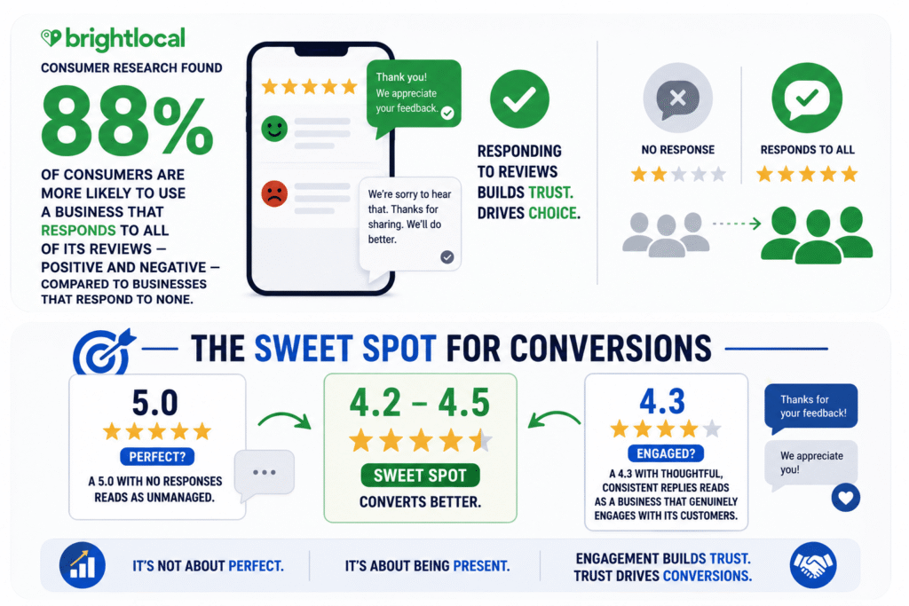 Reviews AI Stats - rightLocal's consumer research found that 88 percent of consumers are more likely to use a business that responds to all of its reviews (1)