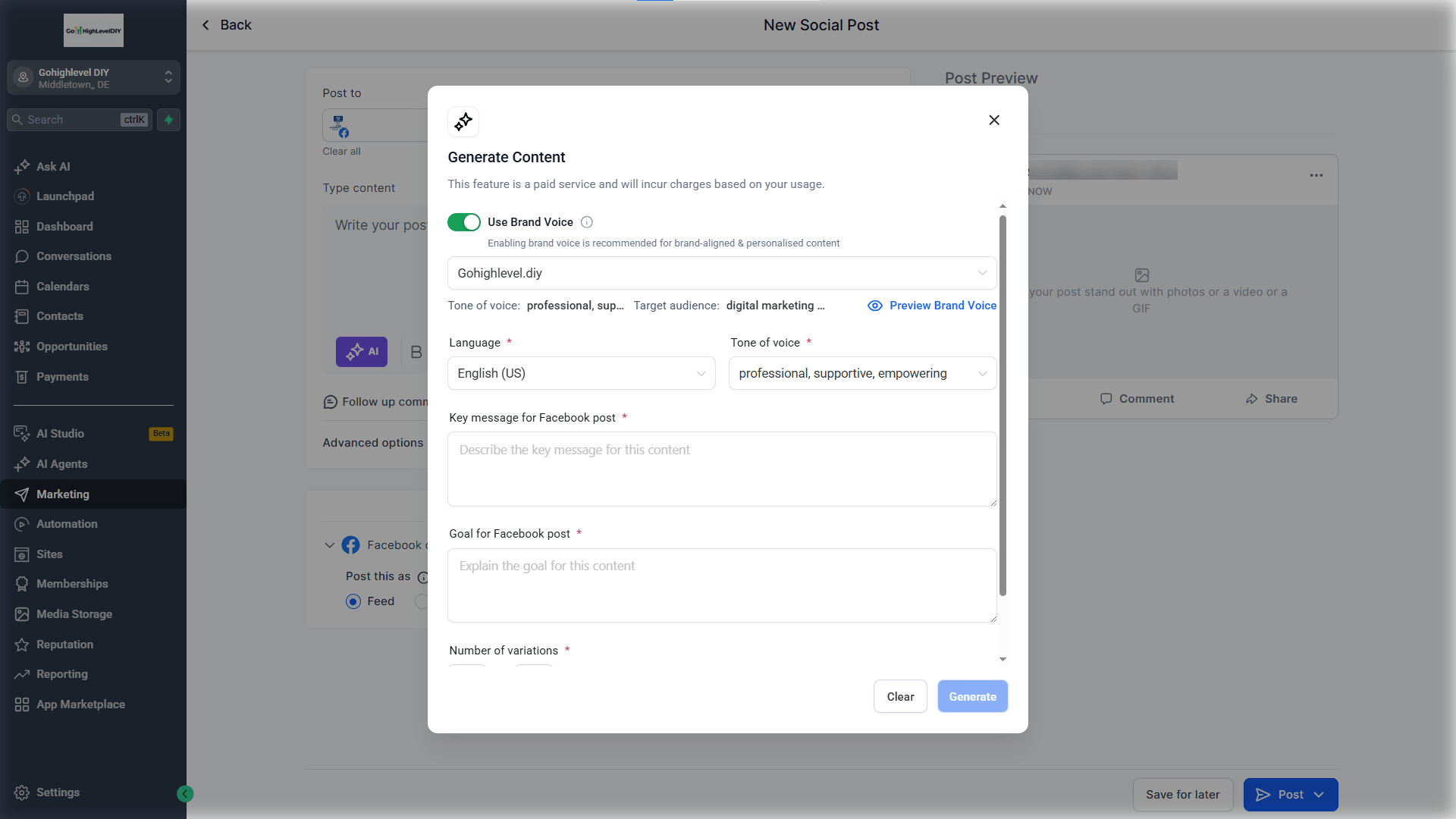 GHL content ai in social media planner