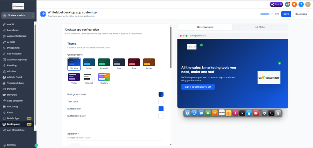 GHL desktop app customizer whitelabel feature