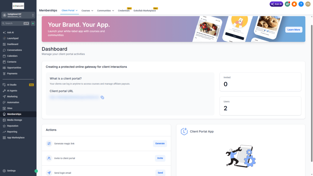 GHL client portal dashboard