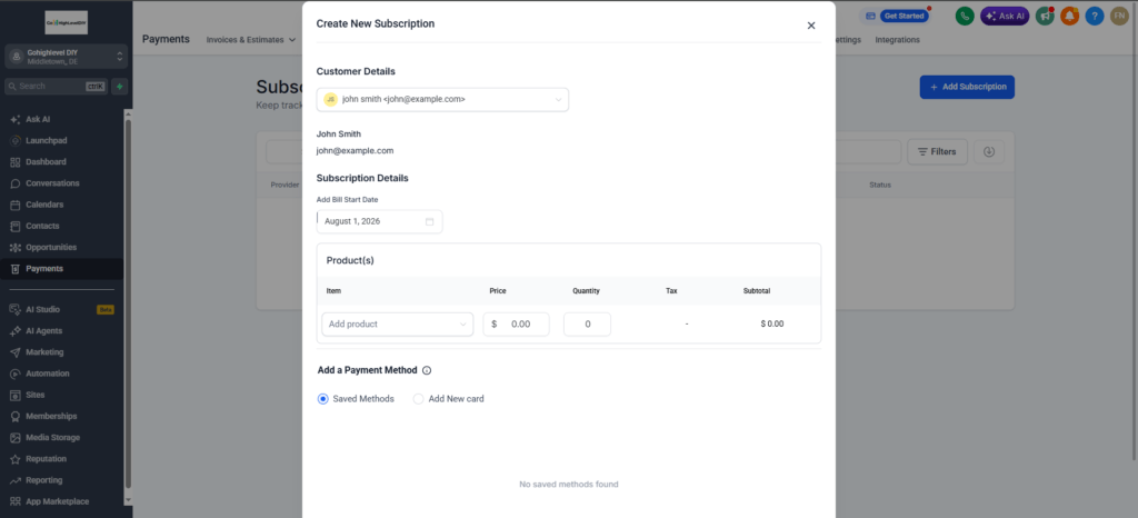 GHL subscription payments