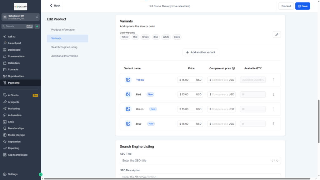 GHL ecom store product details - variants
