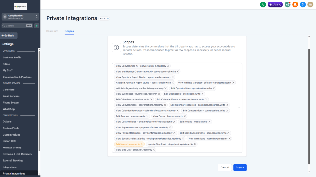 API Access - private integration config