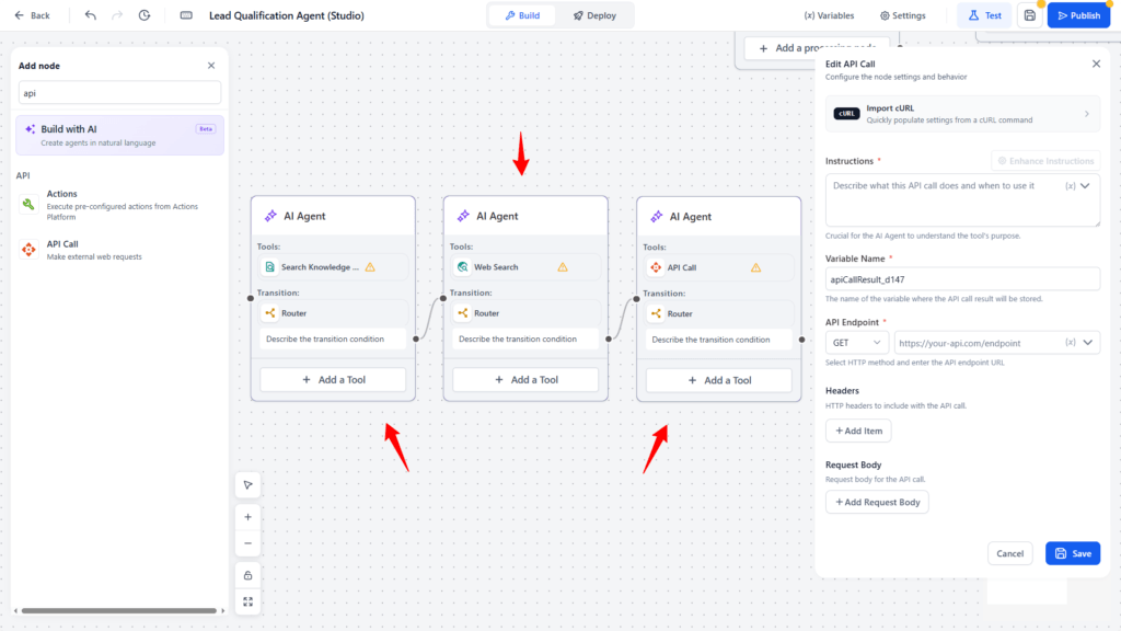 Agent studio - search knowledge base, web, and api nodes
