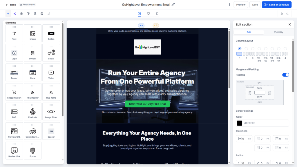 Gohighlevel-DIY-email-marketing edit screen - drag and drop