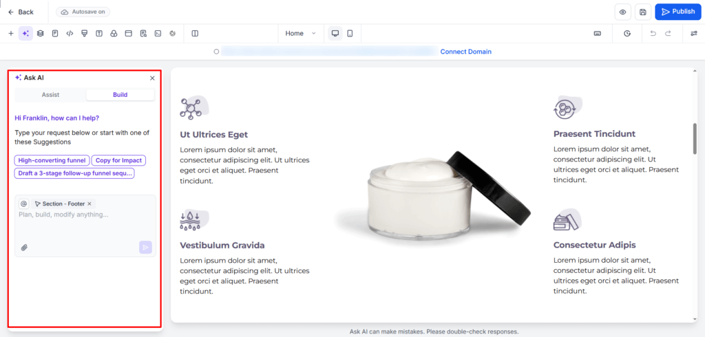 Website and funnel ai free-form prompting